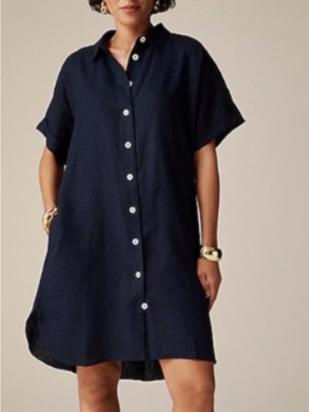 J. Crew 100% Linen Navy Button-Front Midi Shirt Dress